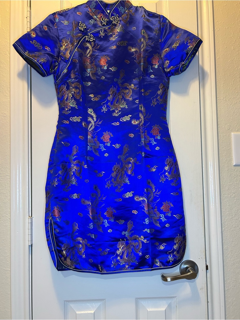 Tang Yi Royal Blue Satin Dragon-Print Mini Cheongsam Dress